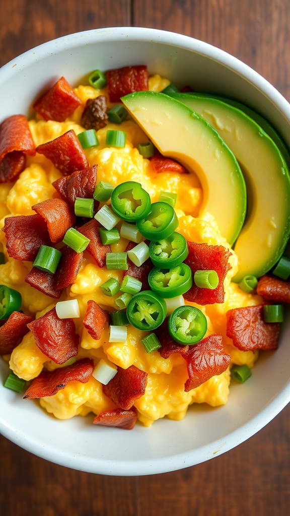 A savory breakfast bowl with scrambled eggs, crispy bacon, jalapeños, topped with green onions and avocado.